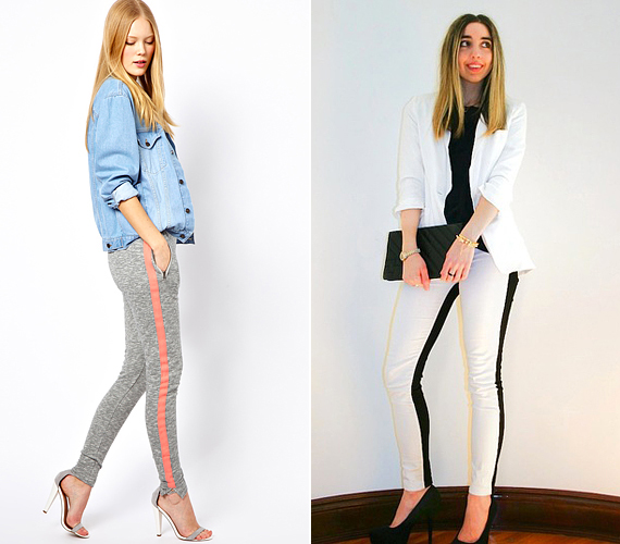 Az oldalcsíkkal díszített legginsek sportos és nőies verzióban egyaránt divatosak. Fehér blézerrel kombinálva egyszerű, letisztult öltözéket kaphatsz. /Forrás: www.asos.com; http://fashionfinder.asos.com/