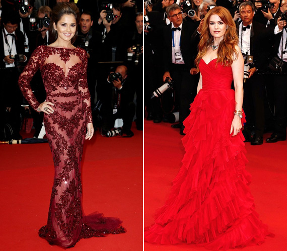A piros ruhákra is érkezett szavazat Cheryl Cole-tól, aki L'Oreal nagykövet, Zuhair Muradra, és Isla Fishertől, a Nagy Gatsby szereplője Oscar de la Rentára. /Forrás: Vogue/