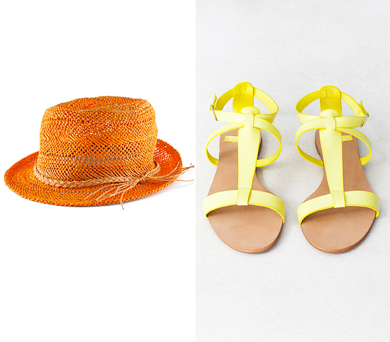 Élénk darabok napimádóknak: a H&M narancssárga kalapja 2990 forint, a Pull & Bear citromsárga szandálja 6995 forint.