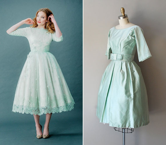 Természetesen a rövid menyasszonyi ruha is lehet mentazöld. Bal oldalt Joanne Fleming ruhája látható, jobb oldalt pedig egy vintage darab.