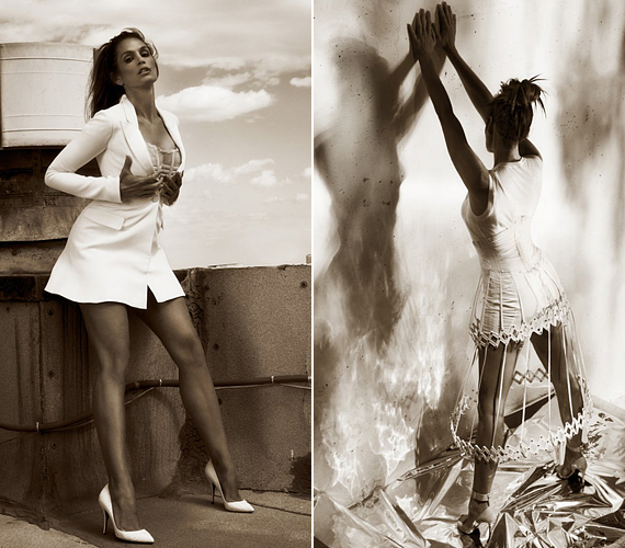 A vagány tavaszi-nyári összeállításban a Christian Dior, Salvatore Ferragamo és Ralph Lauren extravagáns ruháiban pózol az egykori szupermodell, melyek többnyire szexi lábait helyezik előtérbe. /Forrás: http://fashiongonerogue.com/