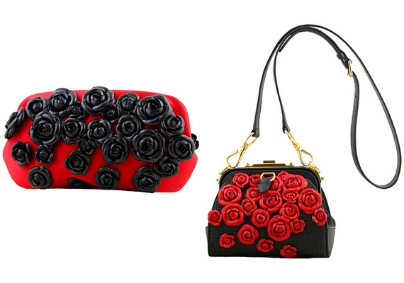 Kicsit merészebbeknek a piros-fekete, 3D-s rózsákkal kirakott táska jó választás lehet.