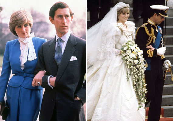 Diana és Károly eljegyzési, illetve esküvői fotója. A kék kosztüm még az elegánsabb hetvenes évek maradványa, az esküvői ruha puffos ujja és hatalmas gallérja viszont még a magas és sudár hercegnőt is összenyomta.