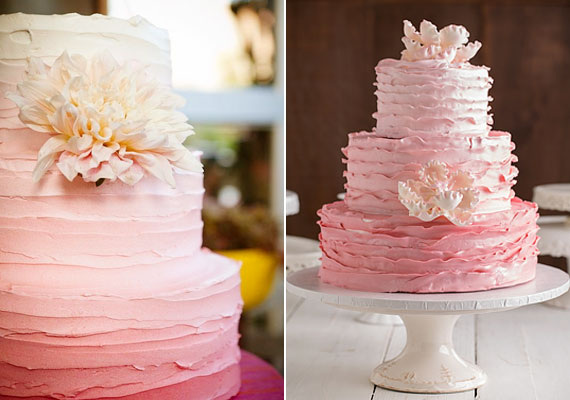 Az ombre trendhez leginkább a finom színátmenet illik. Az esküvői tortát díszítheti virág.