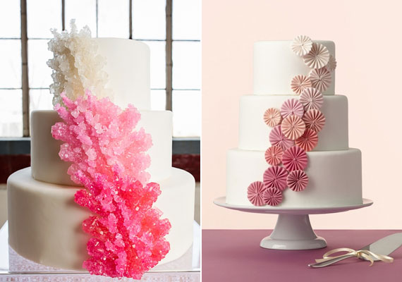 A színátmenet nemcsak magán a tortán, de a hangsúlyos díszítésen is lehet. Nagy divat Amerikában most a színes kandis cukot, a virágminta pedig igazi klasszikus.