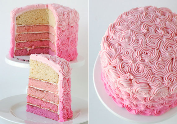 A rózsaszerű krém belül színátmenetes tortát rejt.
