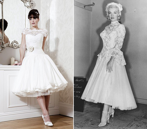 A Szőkék előnyben című filmben Marilyn Monroe csipkés felsőrészű menyasszonyi ruhája az ötvenes években divatos, hercegnős stílushoz igazodott. Manapság reneszánszát éli ez a trend, így több tervező is előállt hasonló esküvői kreációval. /Forrás: weddbook.com; obsessionsandloves.blogspot.com/