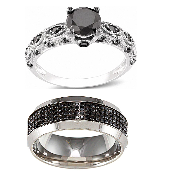 A fekete gyémánttal díszített, fehér aranyból készült gyűrűk igazán egyedien mutatnak, de ez a gyászos szín nem szimbolizálja eléggé az esküvő, az egybekelés örömét, boldogságát. /Forrás: www.overstock.com/