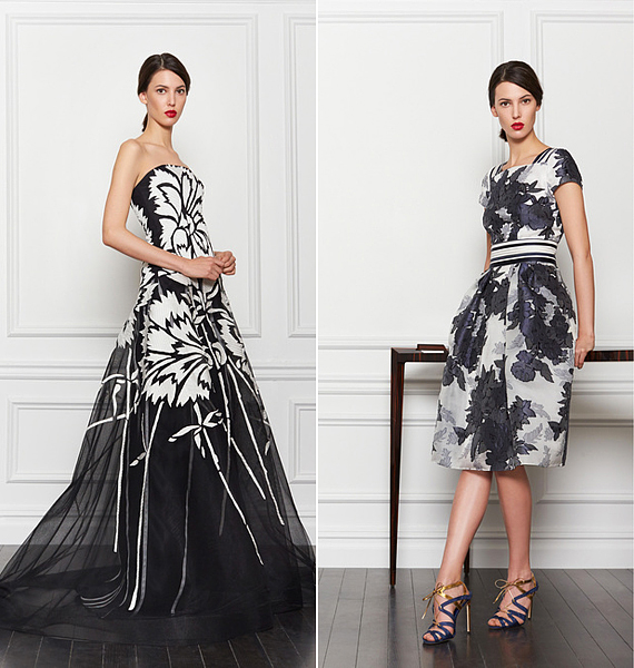 A fekete-fehér szintén klasszikus eleme a kifinomult, nőies eleganciának. Carolina Herrera digitális mintázatokkal aktualizálta az előkelő anyagokat és fazonokat. /Forrás: http://www.style.com/