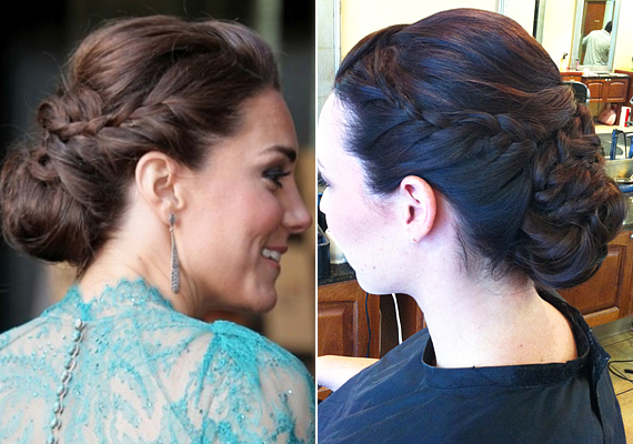 Így néz ki oldalról Kate Middleton frizurája, illetve a fodrász segítségével elkészült utánzat. /Forrás: http://blog.hairandmakeupbysteph.com/