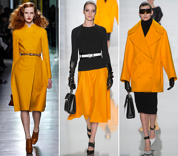 A nyári napsárga kissé narancsosabb formában tér vissza ősszel: a Bottega Veneta avarbarna kiegészítőkkel, Michael Kors pedig fekete ruhadarabokkal kombinálta. /Forrás: www.style.com/