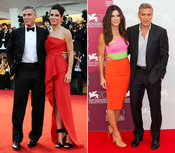 Sandra Bullock új filmjét promotálja, kiegészítőként Geroge Clooney-t választotta. Valójában persze együtt szerepelnek a filmben. A piros ruha J. Mendeltől van, a színes pedig Alex Perrytől.
