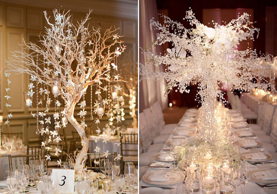 A havas fákat idéző asztaldíszek nagyon látványosak, lehet őket papírral, kristályokkal, vattapamacsokkal is dekorálni, de akkor lesz szép igazán, ha meg is világítják őket.
