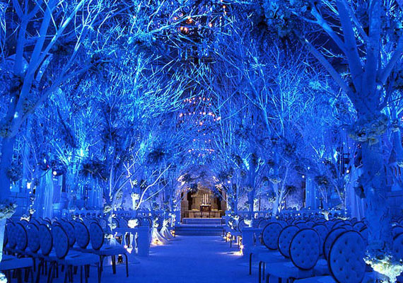 Mintha jégbefagyott erdőben lépkednél az oltárhoz. A kék világítás elvarázsolja majd a násznépet, csak arra kell ügyelni, hogy a fűtés a szokásosnál erősebb legyen, a hőérzet ugyanis egy ilyen dekoráció mellett alacsony lehet.