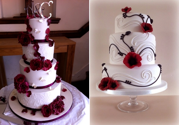 Az esküvői torta is szerves része a dekorációnak. A fehér-bordó kombó szemet gyönyörködtető.