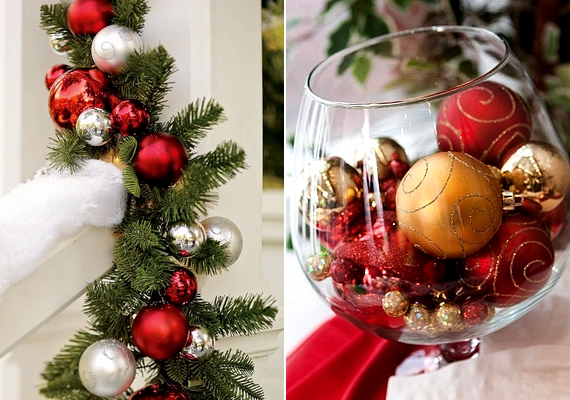 A függő gömbdíszeket nemcsak a karácsonyfán használhatod: girlandként és asztaldíszként, egy szép üvegtálban is jól mutatnak.