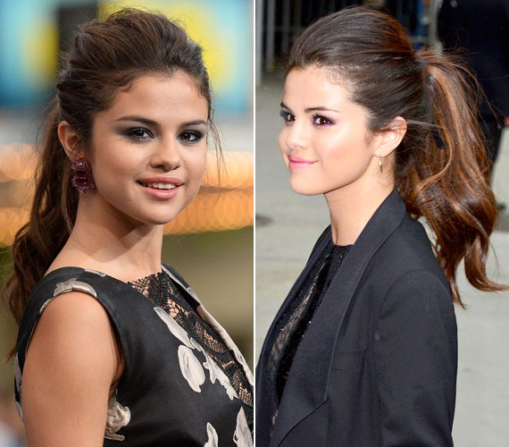 Selena arcformájához remekül illik a tupír, amit általában lófarokkal kombinál. Ez egyébként praktikus viselet, ha vékony szálú a hajad, és nem volt időd megmosni.