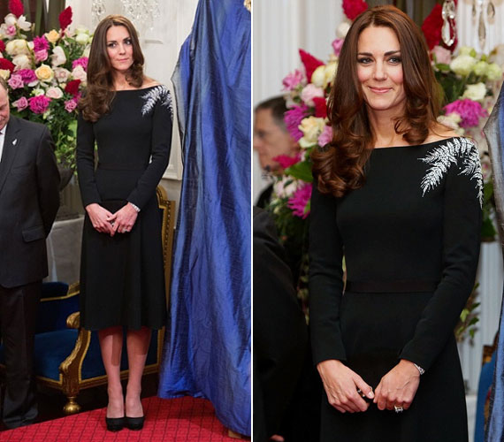 A királynő portréját leplezte le férjével. Fekete Jenny Packham-ruháját az új-zélandi címerben is látható páfrány díszíti.