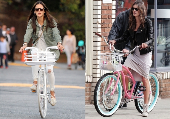 Alessandra Ambrosio is bebizonyította, hogy szoknyában és bőrdzsekiben is ugyanúgy lehet biciklizni, mint fehér farmerban.