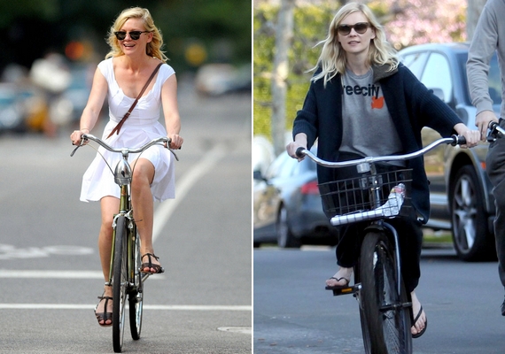 Kristen Dunst ugyanúgy kerékpárra ül lenge fehér ruhácskában, mint fekete szabadidőcuccban. A napszemüveg és a kényelmes szandál vagy papucs elmaradhatatlan.