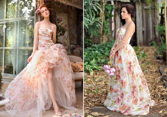 Bohókás és romantikus a színes virágokkal ellátott, egyszerű esküvői ruha.