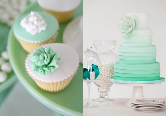 A sütemény is lehet dekoráció: akár mentazöld-fehér cupcake, akár ombre torta formájában.