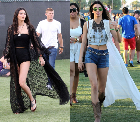 Kendall Jenner a Coachellán többször is viselt kimonót, bemutatva, hogyan lehet a fesztiválstílust a klasszikus öltözködéssel ötvözni.