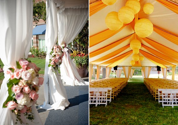 Ne csak az asztalokat díszítsd! Dekoráld magát a sátrat is virágcsokrokkal, textilcsíkokkal, léggömbökkel!