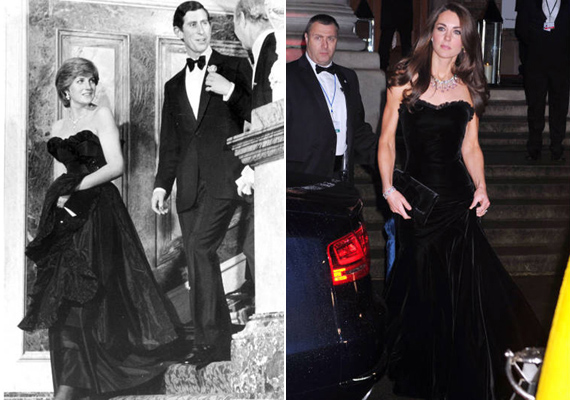 Diana még 1981-ben, Károly herceggel közös első megjelenésén viselte ezt a fekete ruhát a londoni Goldsmith's Hallban. Katalin a Sun Muilitary Awardson avatta fel a sajátját 2011-ben. /Forrás: harpersbazaar.com/