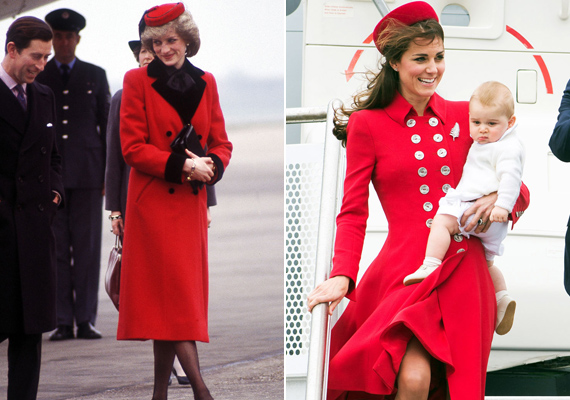 Pontosan 30 év telt el a két fotó között, ráadásul ugyanúgy repülőtéren készültek, annyi különbséggel, hogy Diana 1984-ben landolt a birminghami reptéren, míg Katalin 2014-es új-zélandi látogatására érkezett a tűzpiros kabátban és a hozzá illő kalapban. /Forrás: harpersbazaar.com/