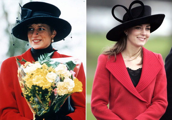 Szintén hasonló kabát, hasonló kalappal párosítva. Az első kép karácsony napján készült a Szívek hercegnőjéről 1993-ban, Katalint viszont a Royal Military Academy egyik rendezvényén kapták lencsevégre 2006-ban. /Forrás: harpersbazaar.com/