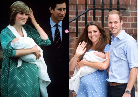 A két kismama hasonló stílusú, tűpöttyös ruhában: az első kép 1982-ben készült Vilmos születésekor, utóbbin pedig már az új jövevényt, a 2013-as születésű György herceget láthatod. /Forrás: harpersbazaar.com/