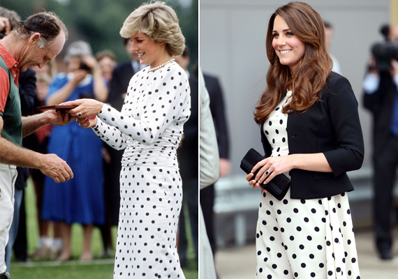 Ugyanaz a pöttyös ruha, ami véleményem szerint mindkét hölgynek remekül állt. Diana Károly herceg egyik pólómeccsén viselte a kreációt 1987-ben, Katalin viszont a Warner Bros stúdióba látogatva húzta fel 2013-ban. /Forrás: harpersbazaar.com/