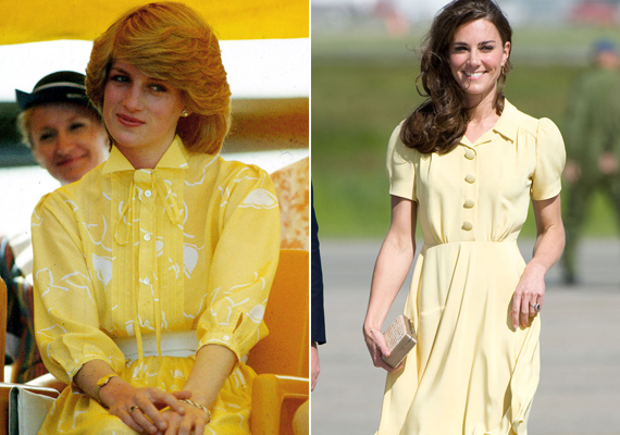 Stílusát és színét tekintve sem sokban különbözik a két hercegnő ruhája, ám, míg Diana ausztráliai megjelenése alkalmával viselte 1983-ban, addig Katalin az észak-amerikai Royal Tour keretében öltötte magára 2011-ben. /Forrás: harpersbazaar.com/