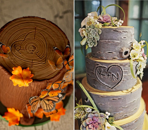 A fát imitáló torták egyre népszerűbbek, a belekarcolt monogramok nagyon romantikusak.