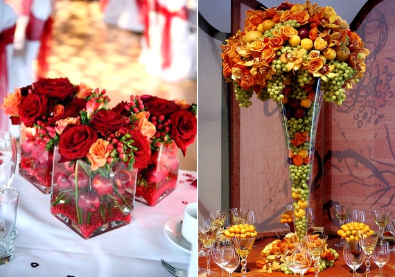 Rózsából és őszi gyümölcsökből gazdag dekorációt készíthetsz.
