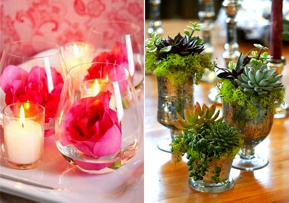 Az asztal közepére tökéletes, ha néhány kis üvegpohárba élő vagy vágott virágokat helyezel.