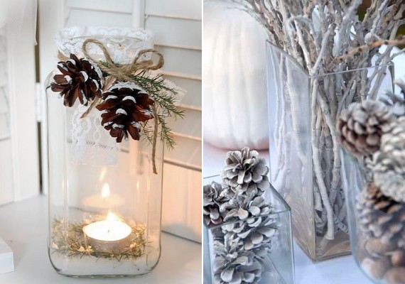 Ha kifejezetten télies dekorációra vágysz, néhány tobozzal és pár fenyőággal bármilyen üvegedényt dísszé alakíthatsz.