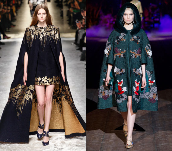 A pelerinszerű, kissé mesebeli kabátok romantikus lelkeknek ajánlottak. A Blumarine aranyban és feketében, a Dolce&Gabbana játékosan képzelte el ezt a fazont.