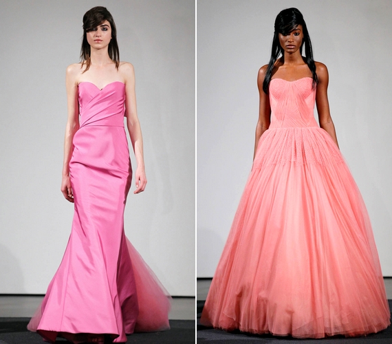Vera Wang mindig előrukkol valami ütős újdonsággal: ezúttal a rózsaszín különböző árnyalataiban készített esküvői ruhákat.