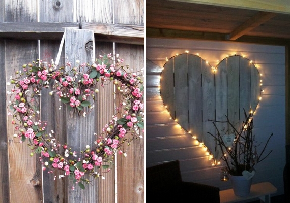 A nagyobb, virágból vagy fényfüzérből kialakított szívek is illenek az esküvői dekorációba.