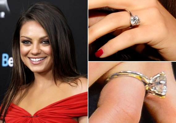 Mila Kunis egyszerű, de finom és ízléses gyémántgyűrűt kapott Ashton Kutchertől a lánykérés idején. Az árról nincs biztos információ, de annyi biztos, hogy az ékszer gyönyörű.