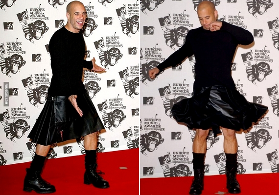 Vin Diesel már 2003-ban is bevállalta a bőrszoknyát: a Europe Music Awards vörös szőnyegén még pörgött is a fotósoknak.