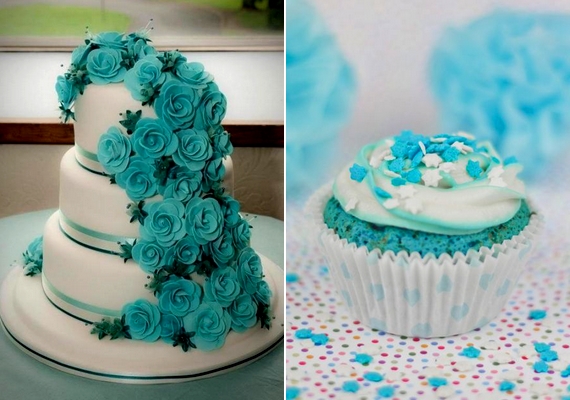 Az ételekkel is dekorálhatsz, jó ötlet egy türkiz-fehér esküvői torta vagy sok szép, kék-fehér aprósütemény.
