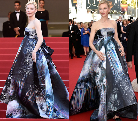 Cate Blanchett mintás ruhája szépen kiemelte a színésznő világos bőrét és haját.