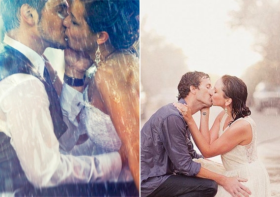 Persze úgy is dönthettek, hogy nem veszitek túlzottan komolyan az égi zuhanyt: ha nem sajnáljátok a ruhát és a frizurát, így készíthetők a legromantikusabb esküvői fotók.