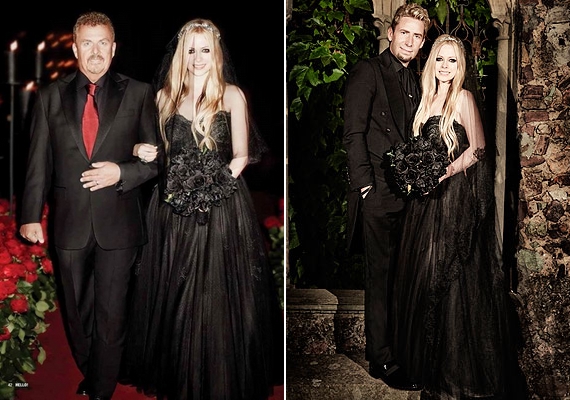 Talán Avril Lavigne fekete menyasszonyi ruhája a leghíresebb. Az énekesnőnek még a csokra is sötét színben pompázott, amikor kimondták az igent Chad Kroegerrel.