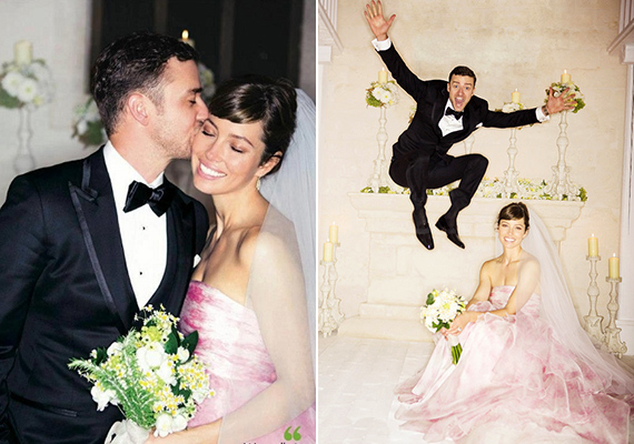 Jessica Biel 2012-ben ment férjhez Justin Timberlake-hez egy rózsaszín Giambattista Valli-ruhában.
