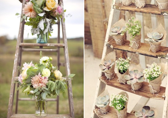 Egy rozoga, festékes létrából szép virágtartó lehet egy rusztikus, vintage stílusú esküvőn.