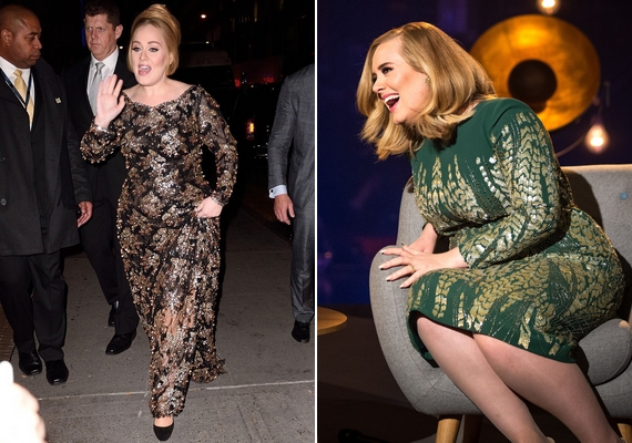 A korábban szinte csak feketét viselő Adele most már bátrabb a színeket és a mintákat illetően, sőt, a földig érő ruhák mellett már egy-egy rövidebb darabot is bevállal, és nagyon jól teszi.